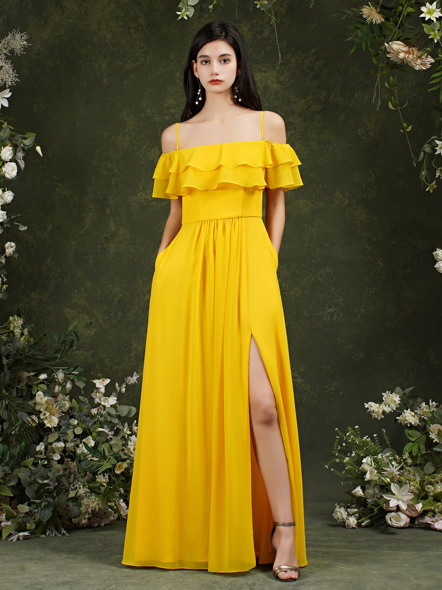 50 Custom Colors Chiffon Bridesmaid Dresses Pockets A-line Off The Shoulder Ruffle Split Side Elegant Formal Wedding Party Gowns |