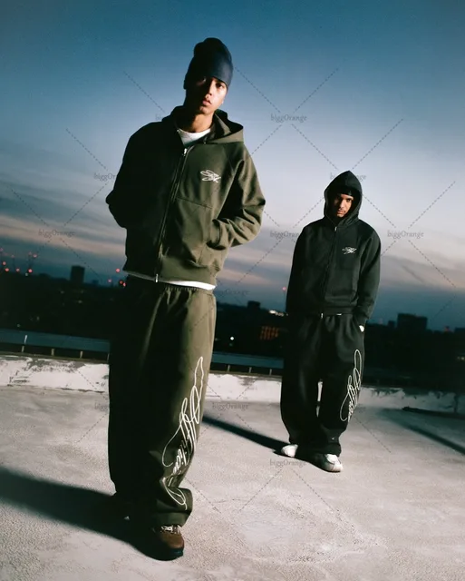 High Street Retro Casual Men's Suit Trendy Streetwear Gothic Letter Embroidery Zipper Hoodie Hip-hop Loose Wide-leg Sweatpants 1