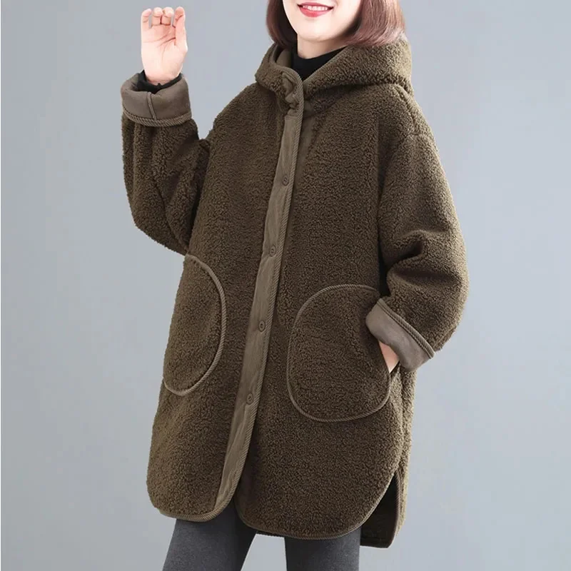 Women's Particle Cashmere Coat Winter Thick Hooded Loose Lamb Wool Coat Mid-length Faux Wool Fur Coat