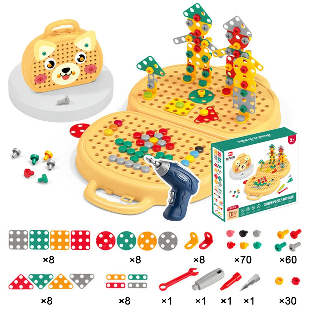 203 Piece Creative Mosaic Puzzle Toy Montessori Play Toolbox with Electric Drill Screw Tool Trendy Bits Screw STEM Toy for Kids
