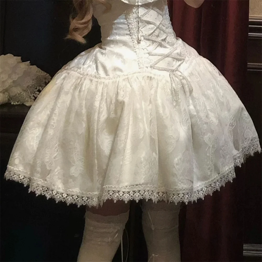 2025 Lolita Subculture Black White Short SK Lace Skirt High Waist Lace Up Girls Birthday Gothic Victorian Cosplay Party Skirts 3