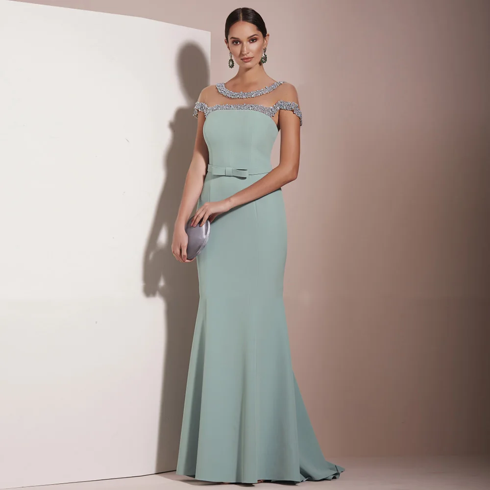 

Light Green Wedding Guest Dresses for Women Beading Scoop Mermaid Mother of the Bride Dress Long Cap Sleeves Evening Dress