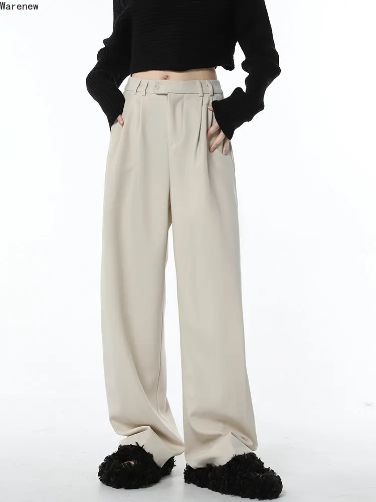

Korean Style Casual High Waisted Loose Pants Wide Leg Elastic Waist Suit Pants Solid Color Full Length Baggy Straight Trousers