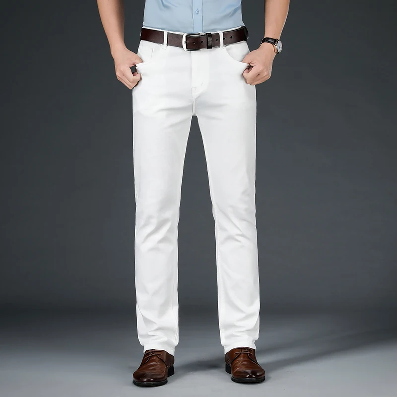 2022 ALL White Colors  Classic Elasticity Denim Trousers Male Brand Pants New Men\'s Straight Fit Pure Jeans Fashion Casual