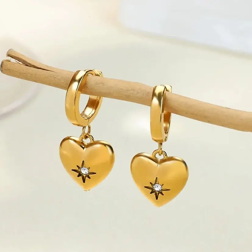 Zircon Heart Star Drop Earrings For Women Luxury Gold Color Stainless Steel