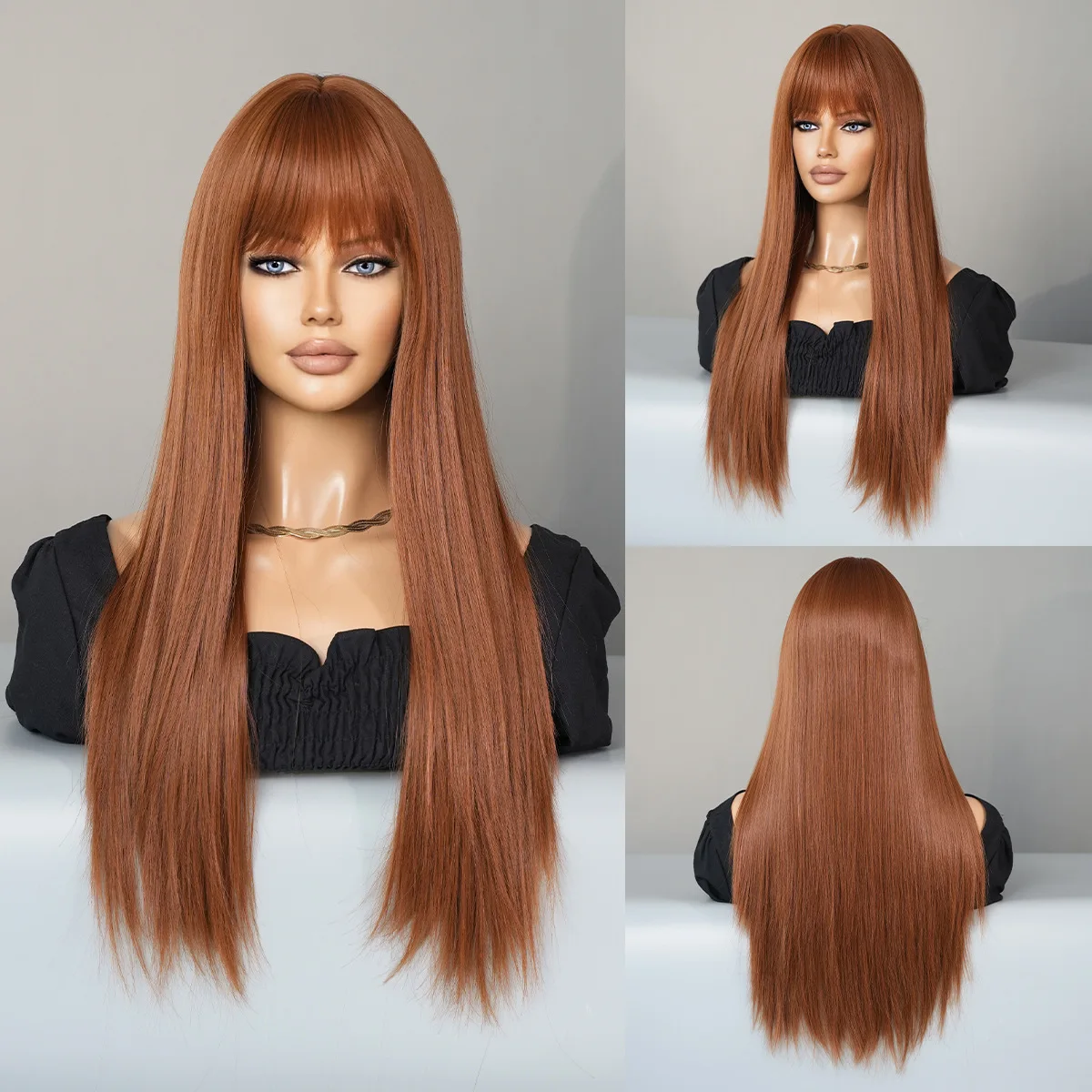 

women's fashionable wig caramel brown bangs long straight wig full set Ginger Wigs