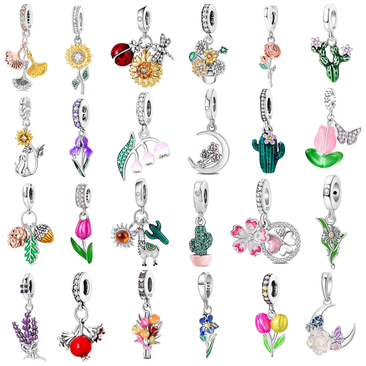 Original 925 Sterling Silver Sunflower Tulip Cactus Pinecone Rose Botanical Gingko Flower Charms for Pandora Bracelet Jewellery