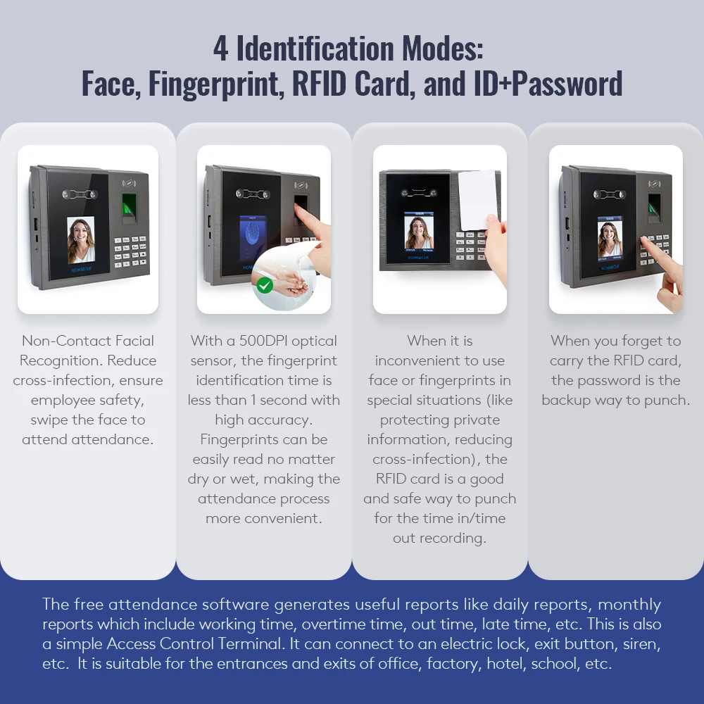 HOMSECUR New Face Fingerprint RFID Card Time Attendance+Free Software+WiFi+DST