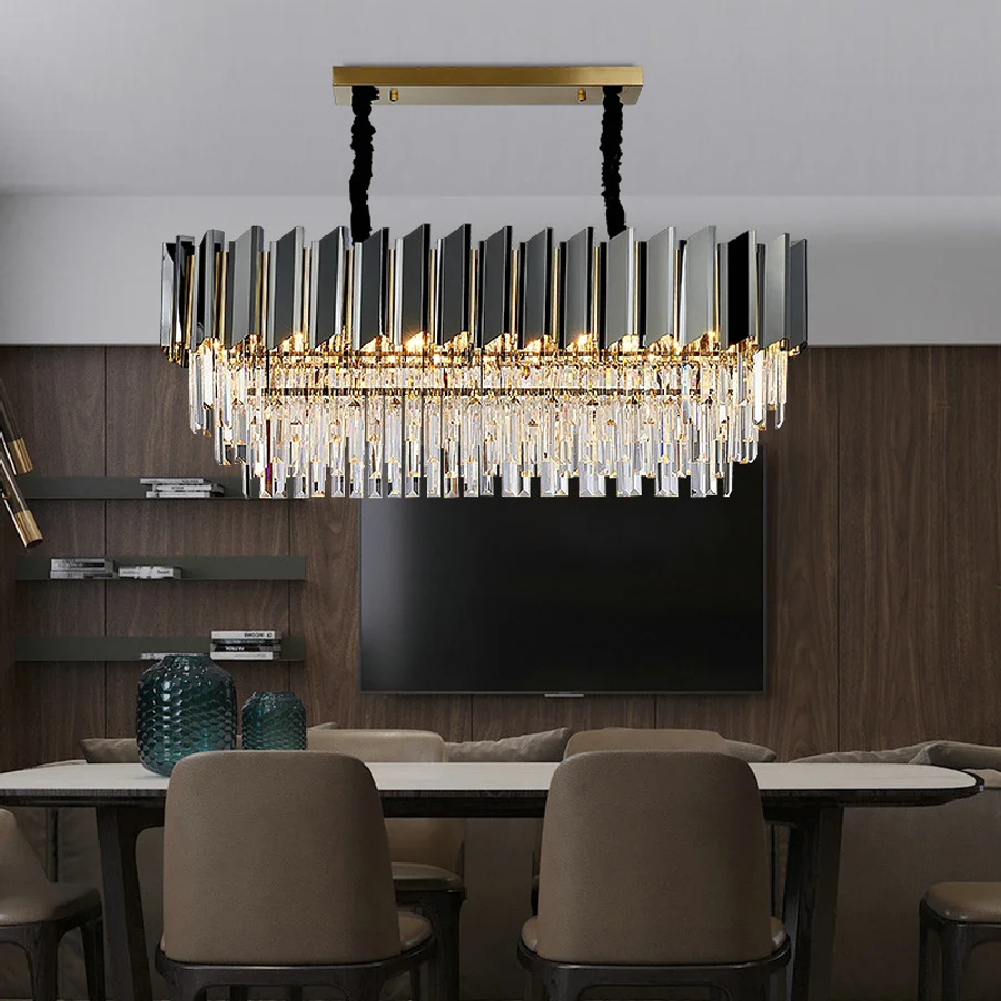 

Modern Luxury Dining Room Straight E14 Led Pendant Lights Black Steel Lustre K9 Crystal Hanging Lamp Led Indoor Lighting Fixture