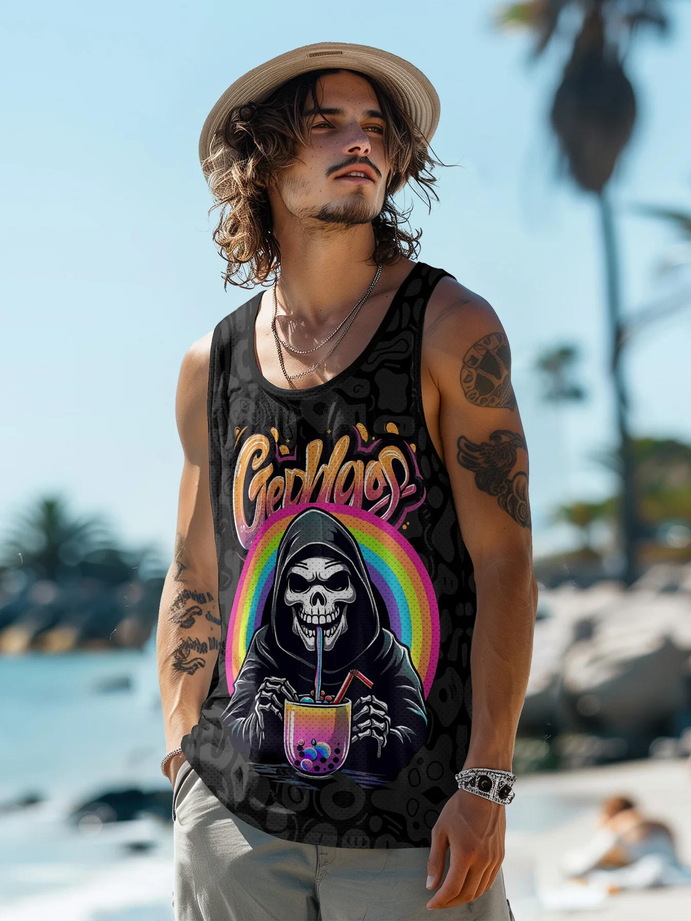 

Summer Men's 3D Print Oversized Loose Solid Color Sleeveless Muscle Tops