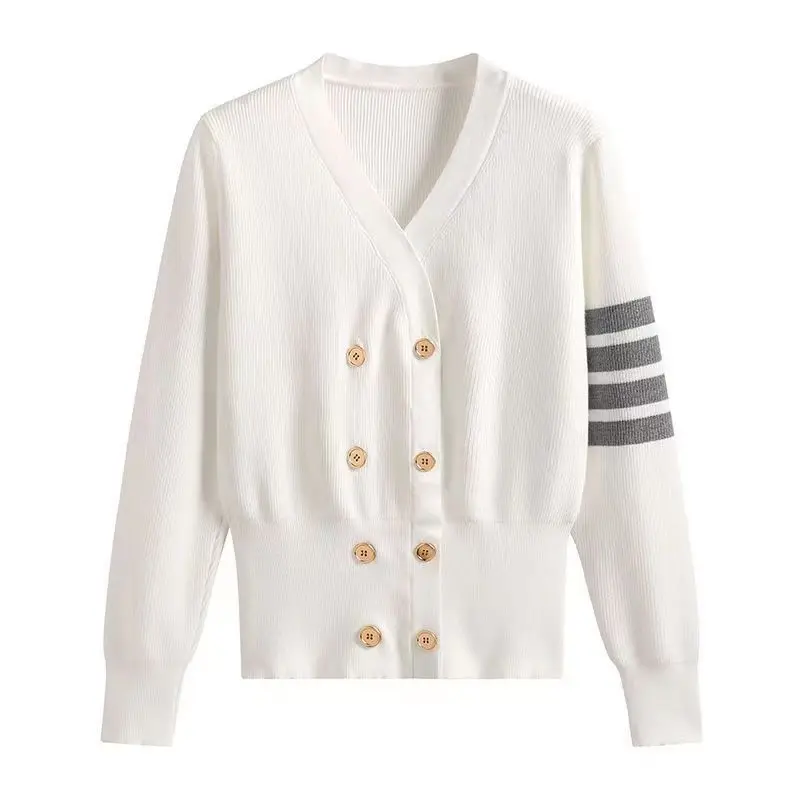 

TB Academy style white V-neck knitted cardigan top for women's autumn and winter chic fashion long sleeved jacket