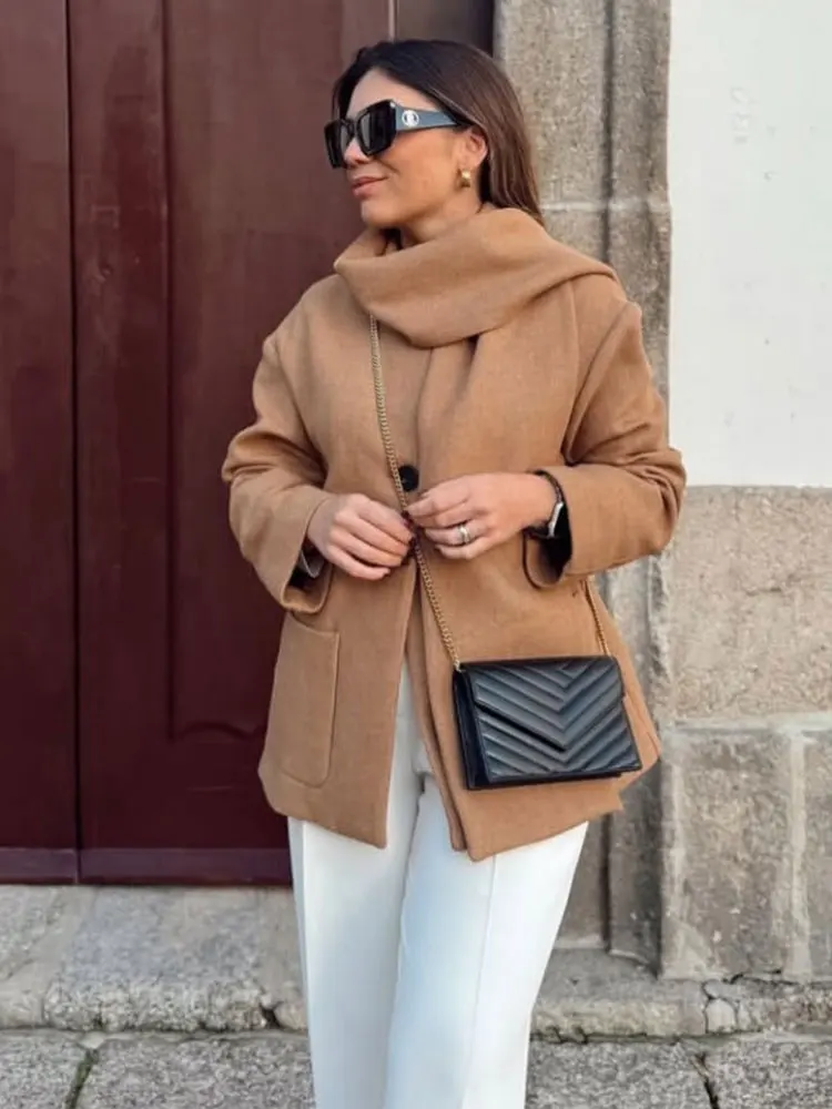 HH Autumn Winter Women Casual Solid Scarf Collar Coat Long Sleeve Single Button Jacket With Pocket Daily Commuting Street Jacket