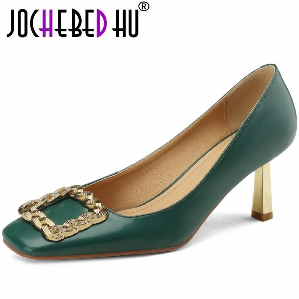 

【JOCHEBED HU】Fashion Brand Design Women Cow Leather Pumps Square Toe Slip On Thick Heels Crystal Solid Color Size 34-40 Handmade