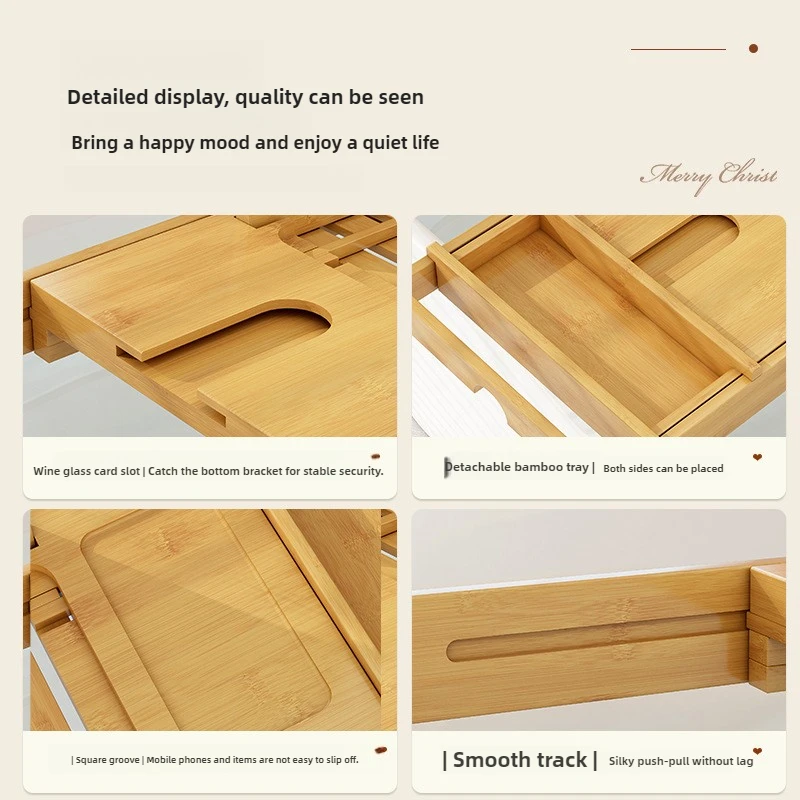Bamboo Adjustable Bathtub Tray Sturdy Spa Caddy Expandable Bath Storage Shelf Anti-Slip iPad & Wine Holder