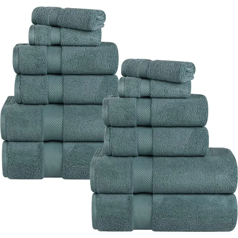 

4 Washcloth/Face Towels Large Bath Towel Hand Towels for Bathroom Zero Twist Cotton 12 Piece Assorted Towel Set Jade Green Spa