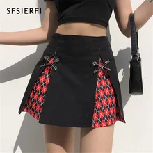 

SFSIERFI 2022 Spring Y2k Gothic High Waist Mini Skirts Streetwear Plaid Patchwrok Short A-line Black Skirts Cute Punk E-girl