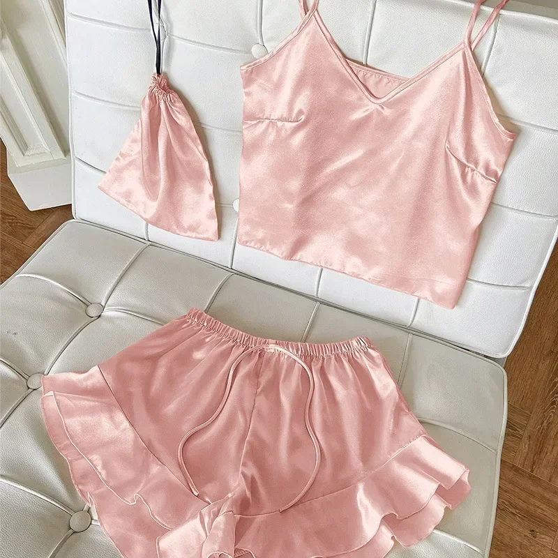 Women Pajamas Set Fashion Sexy Sling Tops Shorts Three-piece