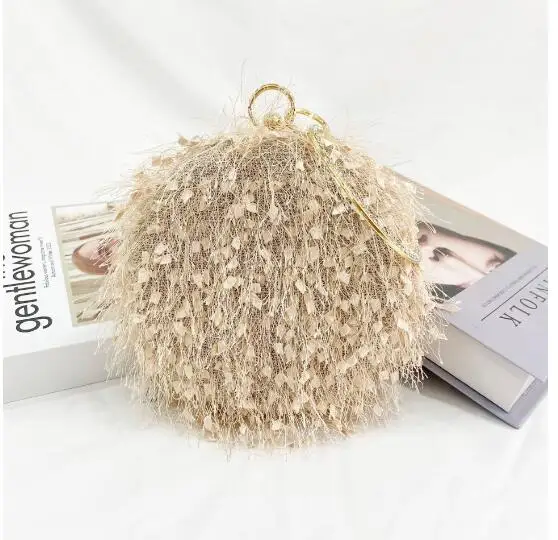 2022 new hand-made small round bag handmade furry evening bag one shoulder dress evening wedding wedding banquet bag 