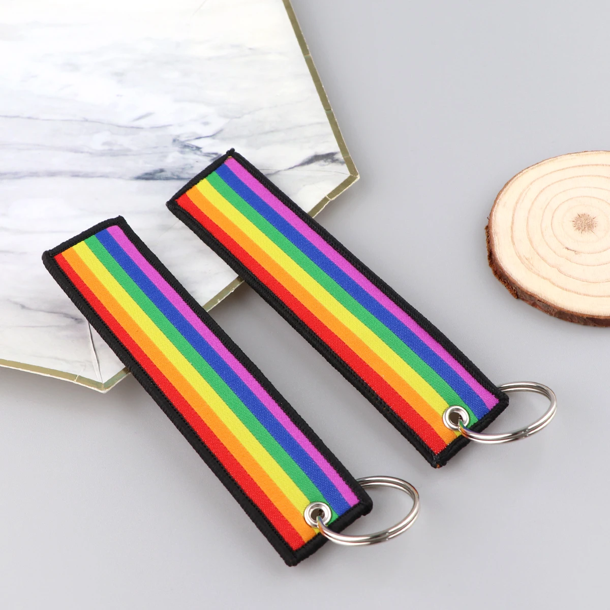 Non-Binary Pride Flag Keychain - Embroidered Fabric Key Tag With Free Cable Ring - View #8