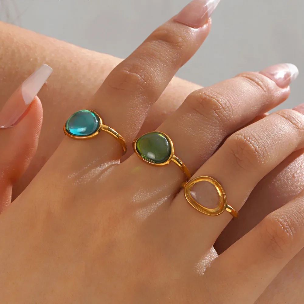 Fashion Transparent Multicolour Resin Opening Rings for Women Girls Stainless Steel Natural Stone Adjustable Finger Ring Jewelry