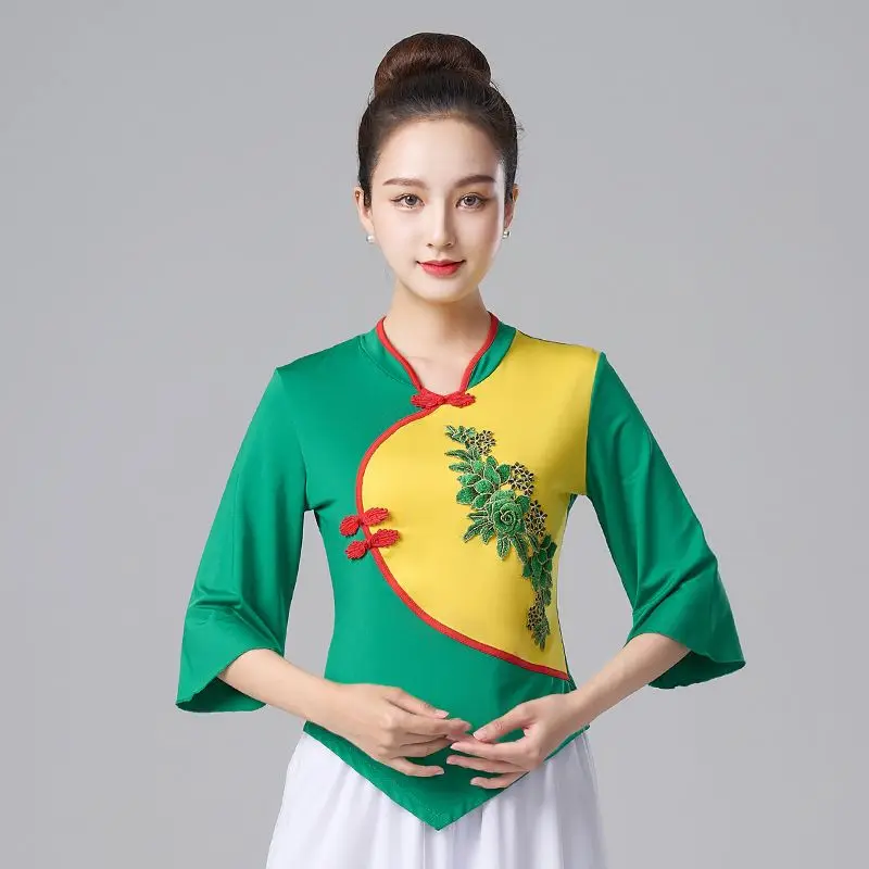 

Cheongsam Women's Plus Size Tops 2024 Spring Cotton Blend Embroidery Splicing irregular Chinese Style Dance Qipao Shirts Woman