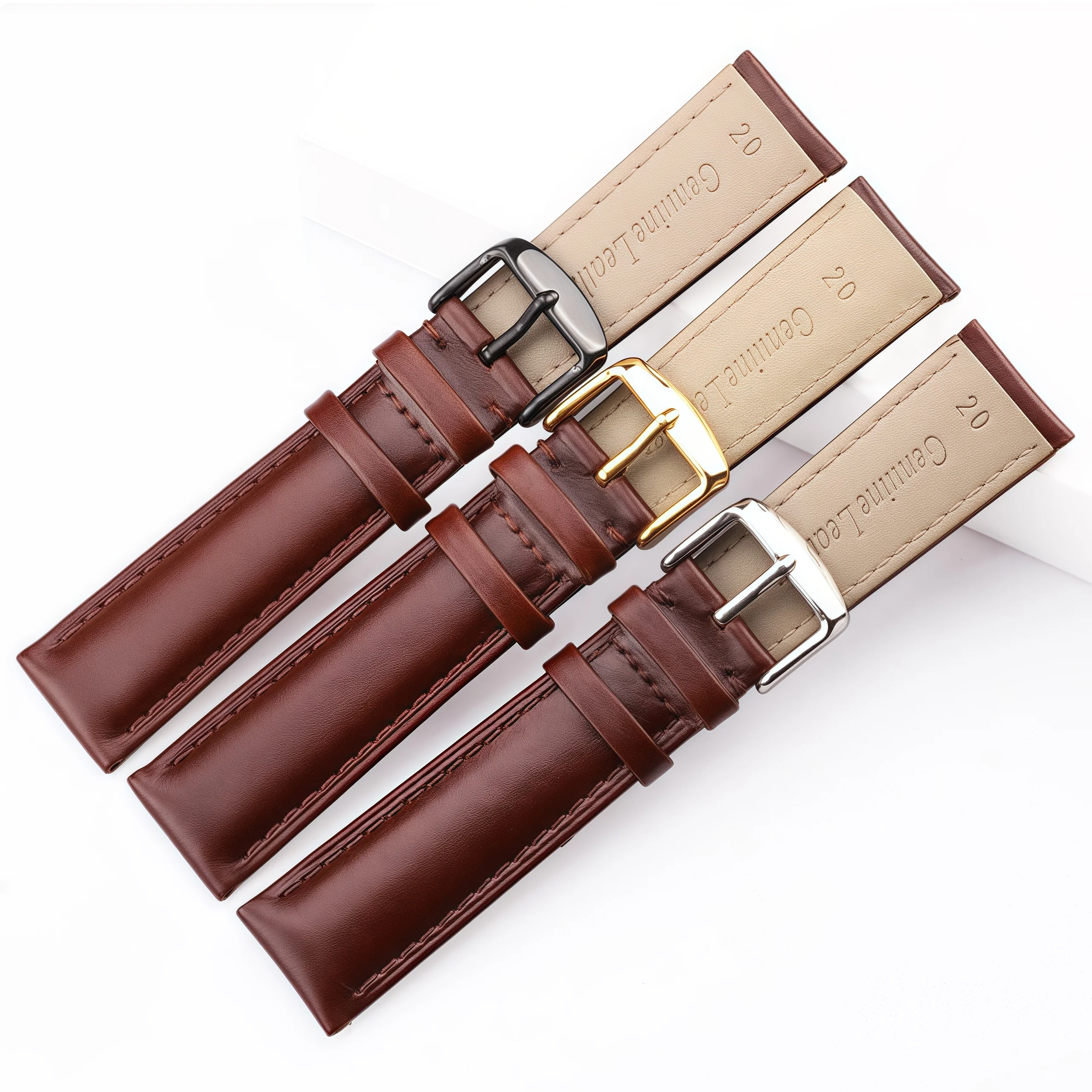 Premium Genuine Leather Smooth Watch Strap with Pin Buckle - Black & Brown Collection