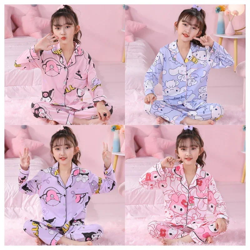 

Kawaii Sanrios Printed Children's Long Sleeved Pants Pajama Set Anime Kuromi Cinnamoroll My Melody Cute Cardigan Home Clothing