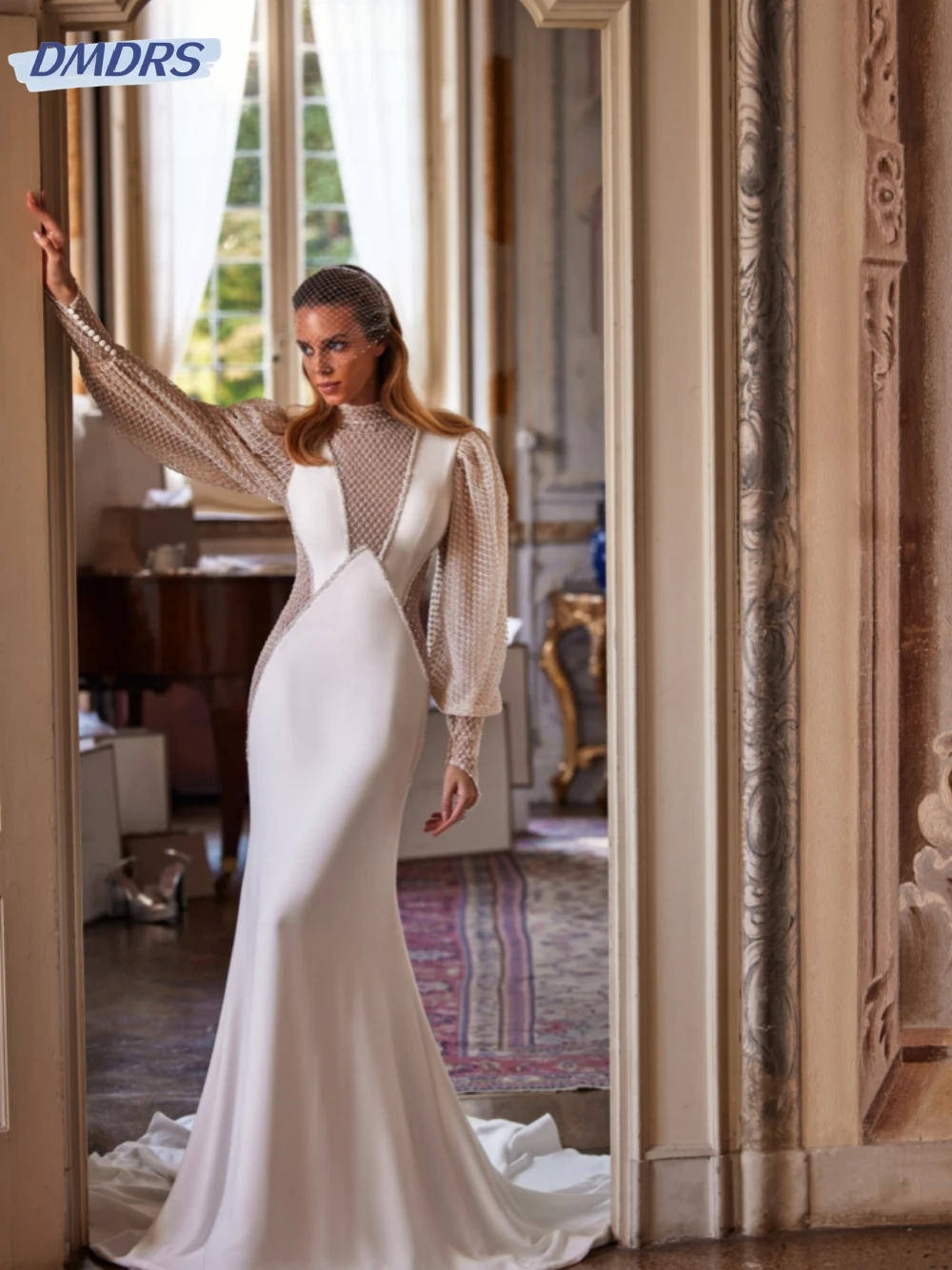 

Modest High Collar Long Sleeve Bride Robe Sparkly Beads Glitter Bridal Gown Elegant Satin Long Wedding Dress Robe De Mariée