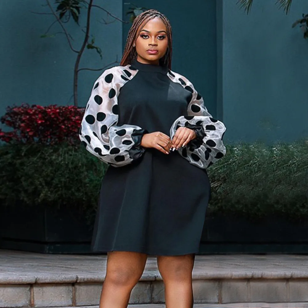 

Модное женское элегантное короткое платье мини в горошек с круглым вырезом и длинными рукавами