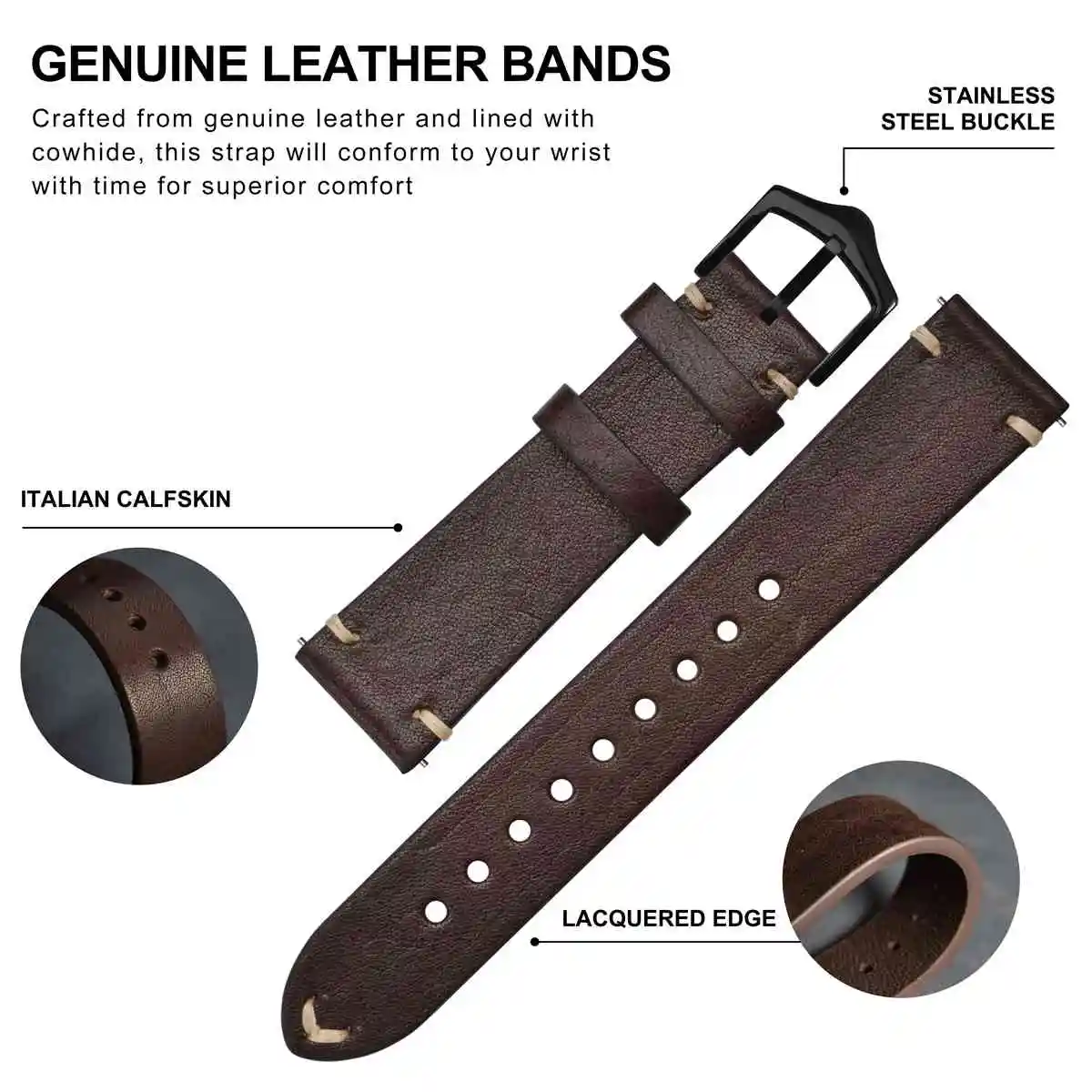 BISONSTRAP Crazy Horse Leather Watch Bands - Black, Green, Brown - 18mm, 20mm, 22mm