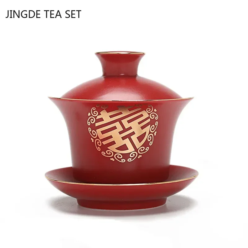Boutique Red Ceramics Gaiwan with Lid Master Cup Handmade Porcelain Tea Cup Household Tea Bowl Wedding Tea Set Accessories