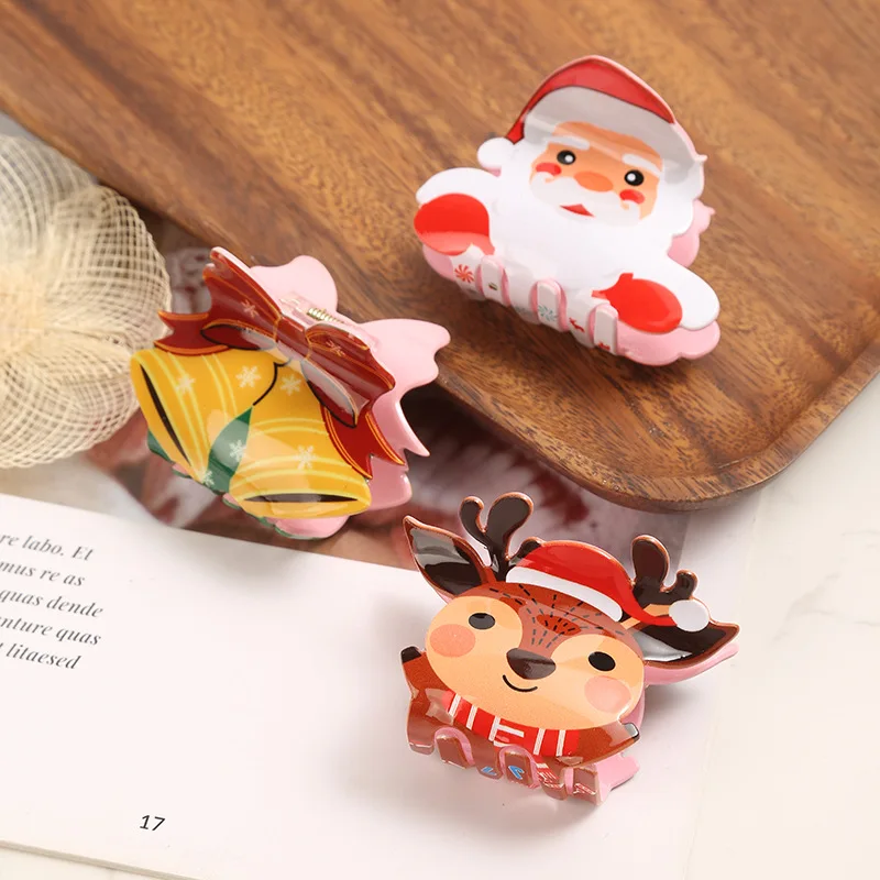 Cute Christmas Elf Reindeer Cartoon Printed Claw Shark Hair Clip Fun Holiday Party Accessory for Girls Kids
