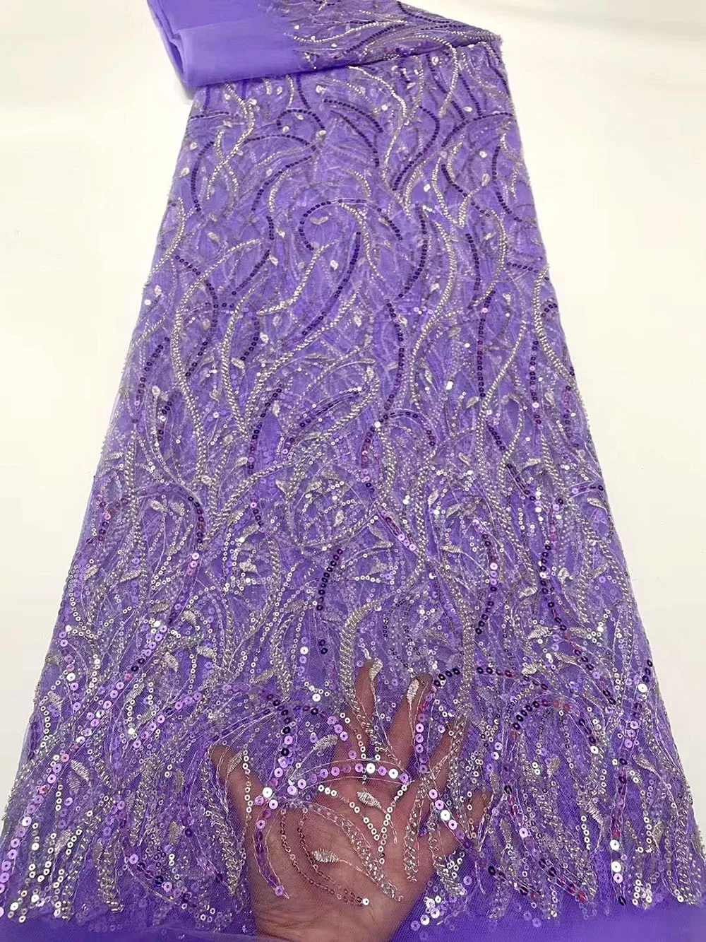 

Lilac African Beads Lace Fabric 2022 Embroidery Nigerian Laces Fabric High Quality French Tulle Lace Fabric With Sequins