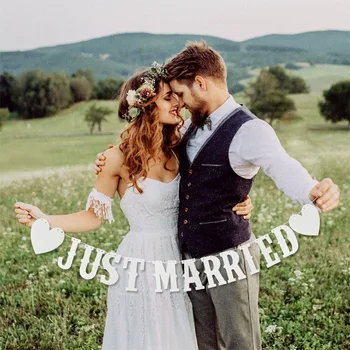 Matrimonio vintage appena sposato Banner con stamina per addio al nubilato Photo Booth Puntelli Forniture rustiche per decorazioni per feste di matrimonio