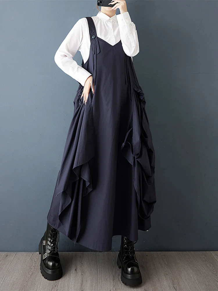 Sleeveless Pleated Black Vintage Straps Dresses For Women New Loose Casual Spring Autumn Dress Robe Elegant Fashion Clothes 2025