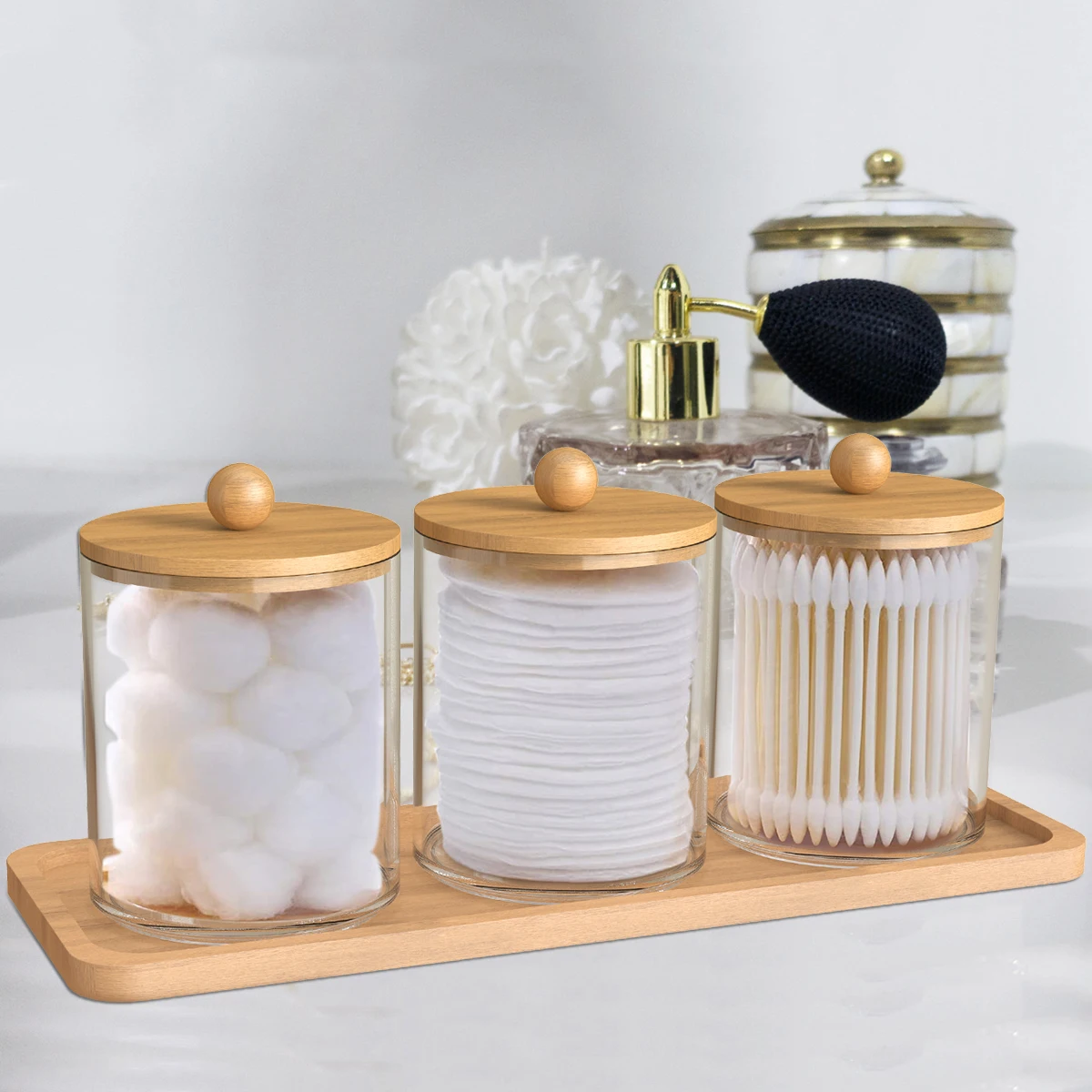 

Clear Reusable Acrylic Swab Holder Bamboo Cotton Lids Storage Dispenser With With Dispenser 3pcs Bathroom Tray Jars Qtip