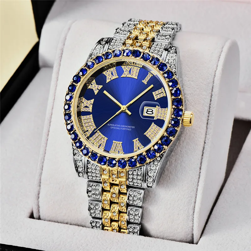 Cool Hip Hop Diamond Watches For Men Montre Fashion Alloy Band Luxury Brand Golden Date Quartz Clock Relogios Masculinos 2024