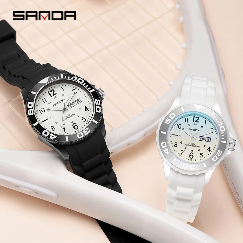SANDA 1053 9005 Fashion Top Lovers Wristwatches Men And Women's Silicone Strap Couple 50m Waterproof Watches With Day