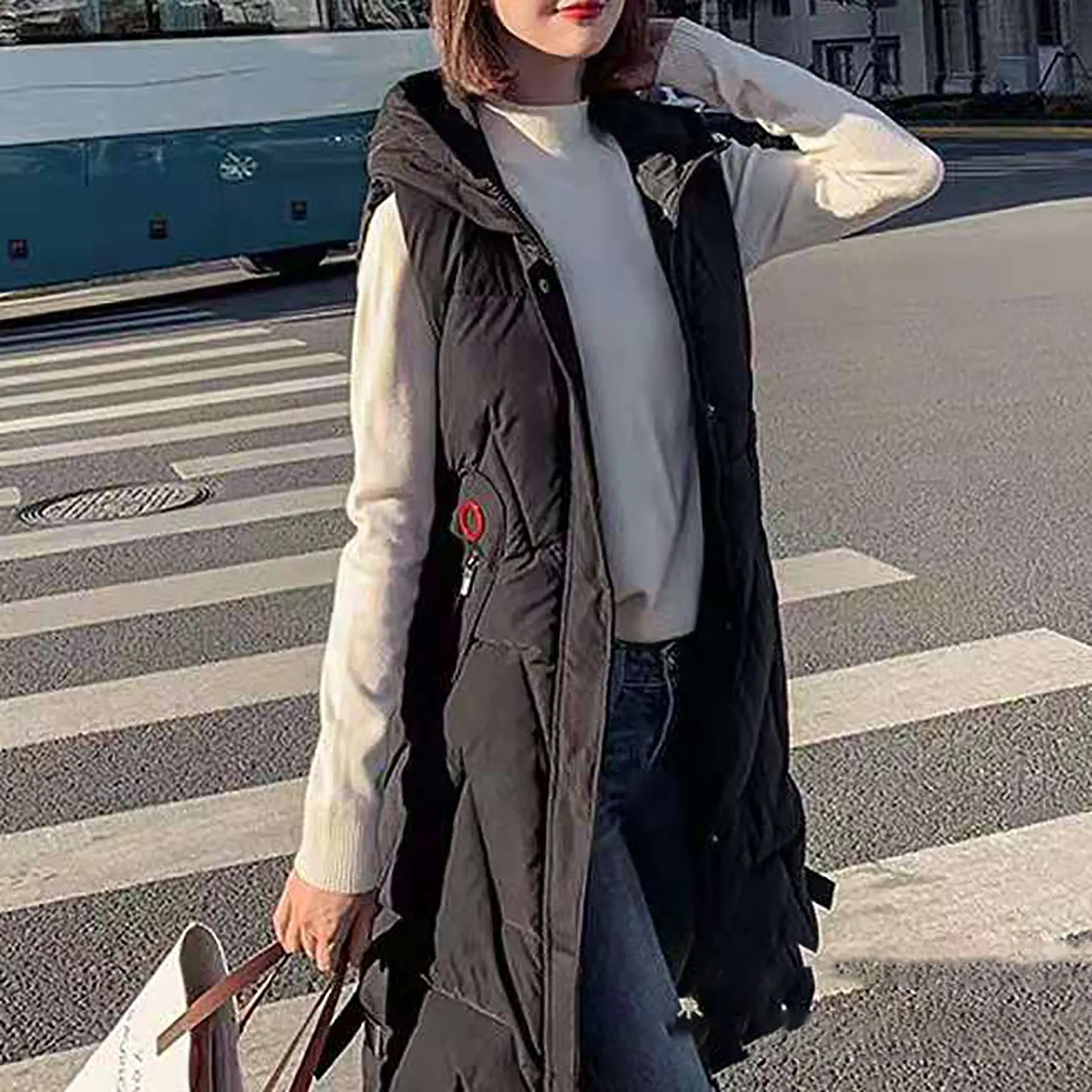 

Women Long Down Coat Vest Solid Color Hooded Zipper Oversized Padded Jackets Korean Style Streetwear Warm Cardigans Puffer Coats