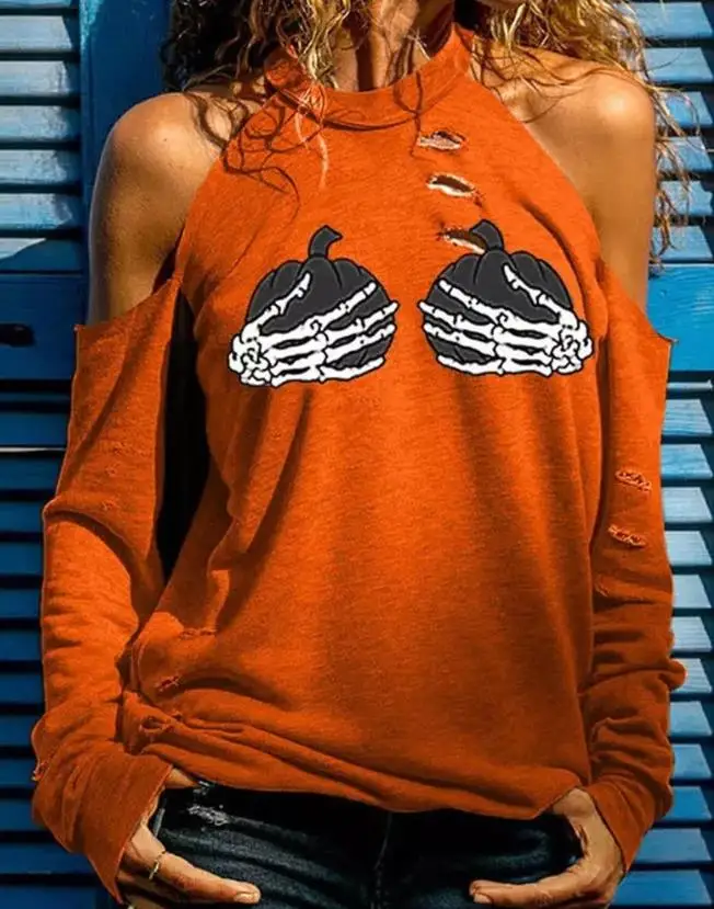 

Women's Clothing 2023 Casual Halloween Pumpkin Skeleton Hands Print Top Long Sleeve Cold Shoulder Cold Shoulder Fashion Pullover