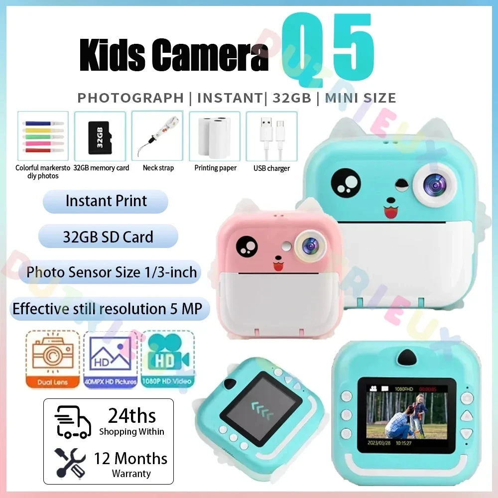 Q5 Kids Camera Instant Print Photo Mini Digital Video Camera Print Thermal Paper 32G TF Card Educational Toys Gift digital camera