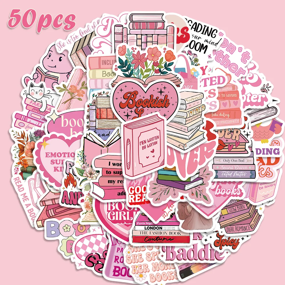 50pcs INS Style Pink Bookish Stickers for Stationery Phone Case Suitecase Scrapbook Computer Guitar Waterproof Children's Gift