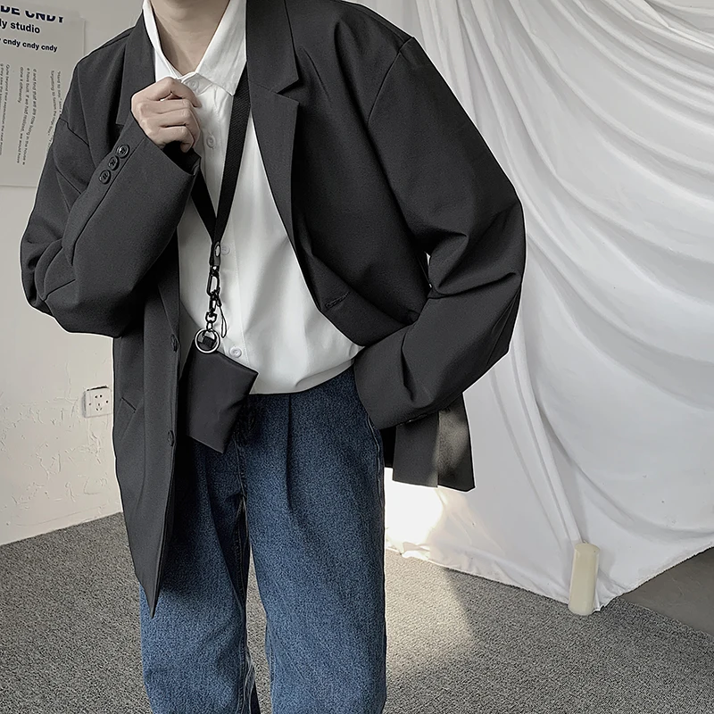 남성용 캐주얼 단색 루즈 긴팔 정장 재킷, 남성용 스트리트웨어, 데일리 아우터, 가을 정장 상의, 시크한 블레이저