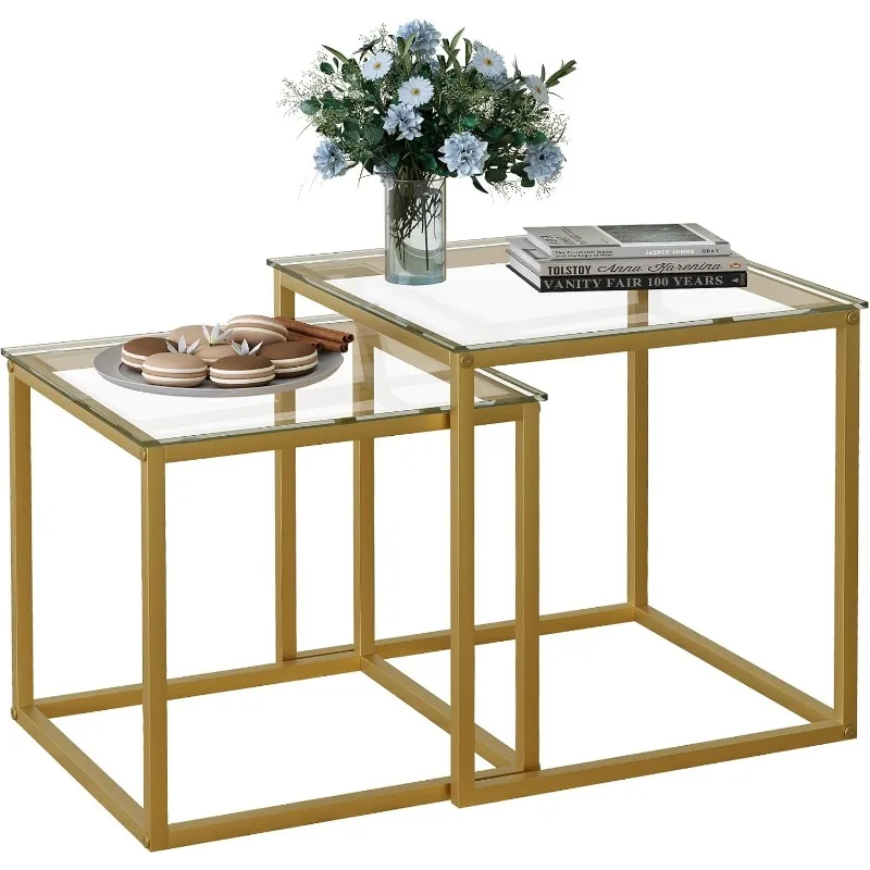 Coffee Table Set of 2, Modern Gold Glass Side Table, Metal Frame Square End Table, Center Tables Nesting Coffee Table. 4
