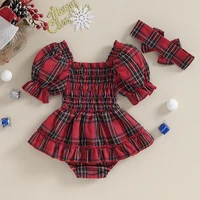 Citgeett Summer Christmas Infant Baby Girls Bodysuit Dress Plaid Print Short Puff Sleeve Jumpsuit + Bow Headband Xmas Clothes 3