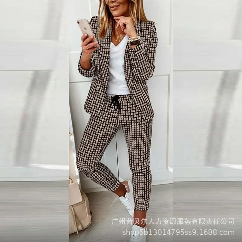 Female Business Suit Women's Long Sleeve Cardigan Turn-down Collar Coat Lace-up Mid Waist Pencil Pants Plaid Print