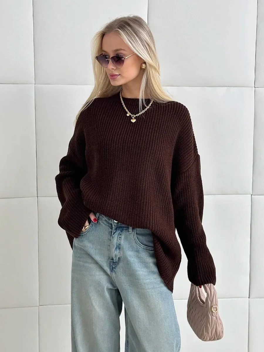 Bornladies Women's Winter Sweater Basic Minimalist Solid Color Loose O-Neck Knit Pullover Soft Warm Daily Casual Jumpers