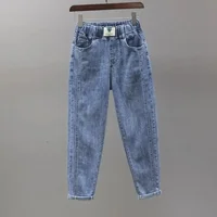 High Waist Elastic Waist Denim Pants Women's Straight Leg Slimming Nine-Piece Cabbage Pants Spring 2025 New Style