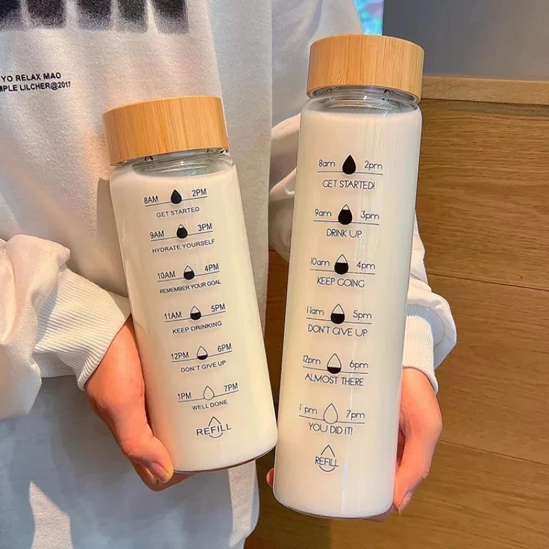 

700ml/1000ml Transparent Glass Water Bottle With Time Marker Wooden Cover Protable Coffee Milk Juice Cup for Girls Gifts