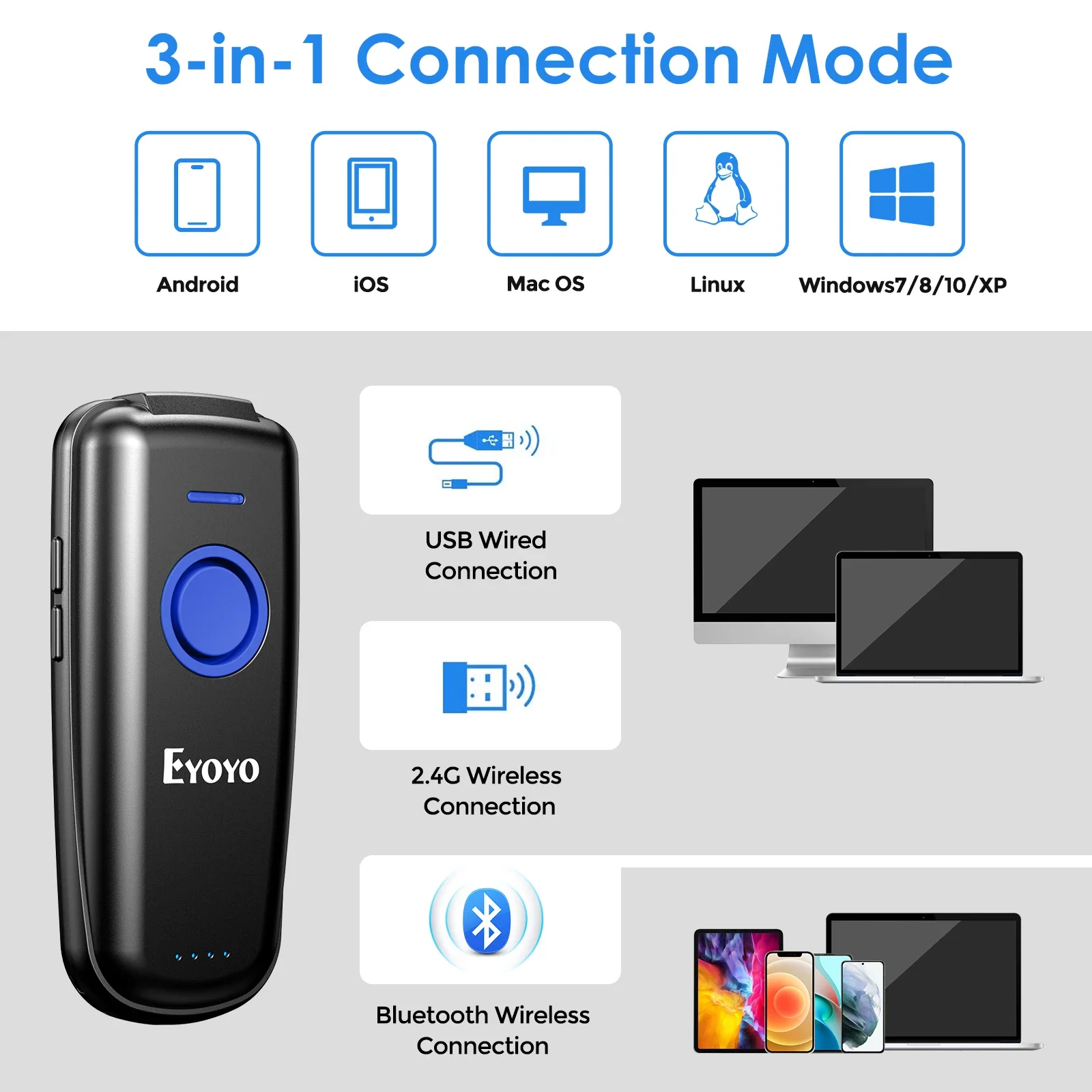 Eyoyo EY-023 QR Code Scanner Bluetooth Portable 2D Compatible USB 2.4GHz Wireless Bluetooth